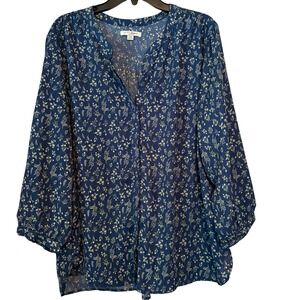 JACHS Girlfriend XXL Blue Floral Button Down 3/4 Puff Sleeve Blouse Boho Prairie